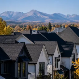 Denver-area neighborhood roofline with mountains in the background