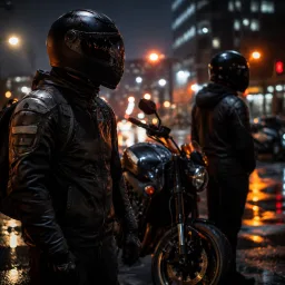 Riders in dark protective gear near motorcycles in a city night setting