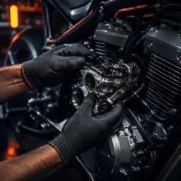 Gloved hands inspecting a motorcycle engine component