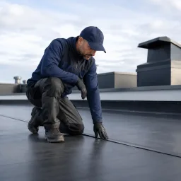 Commercial flat roof inspection with a contractor checking seams