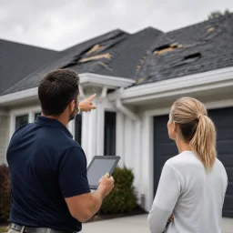 Roofer and homeowner reviewing a storm-damaged roof from the driveway