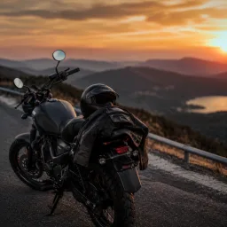 Motorcycle at an open road overlook with riding gear on the seat
