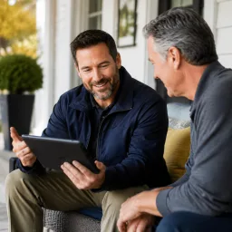 Contractor reviewing roof condition photos with a homeowner on a porch