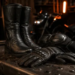 Boots and gloves displayed on dark surface