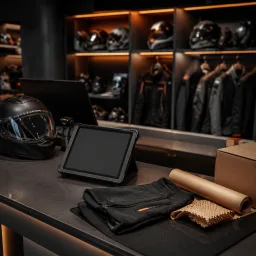 Customer service desk with motorcycle gear and shipping materials