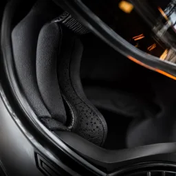 Close-up of motorcycle helmet padding and visor edge