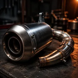 Motorcycle exhaust system on a dark workshop table