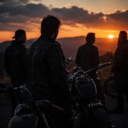 Group of motorcyclists gathered beside bikes at dusk
