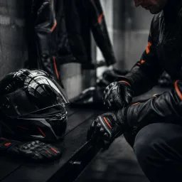 Rider preparing helmet, gloves and jacket before a ride